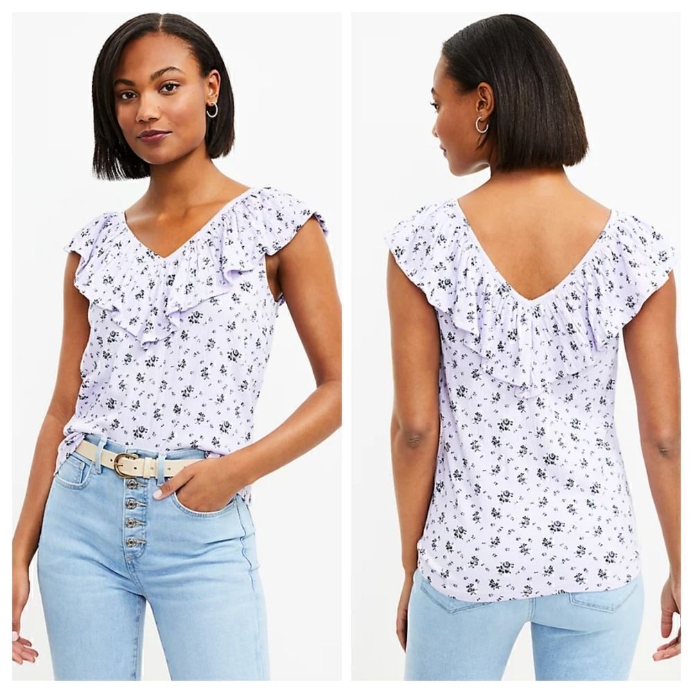 LOFT Purple Floral Top Ruffle Top Medium Petite Sleeveless - Picture 1 of 6